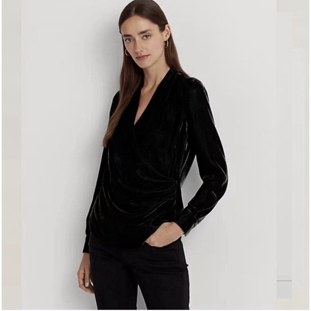 Lauren Ralph Lauren Women Petite 4P P4 Pleated Velvet Surplice Blouse Black $165
